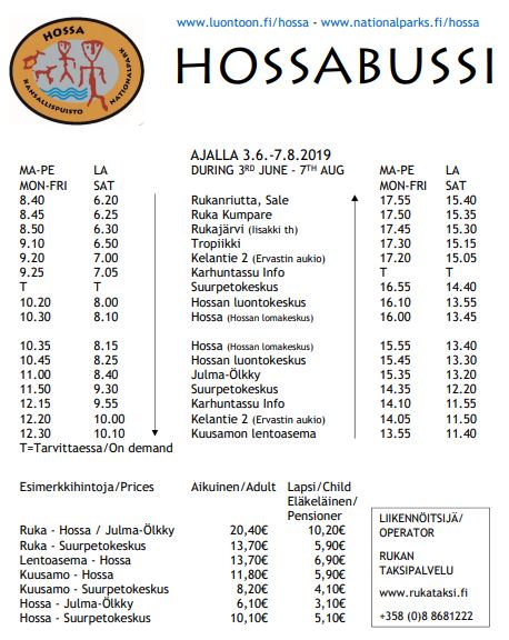 Timetable bus from Kuusamo to Hossa National Park